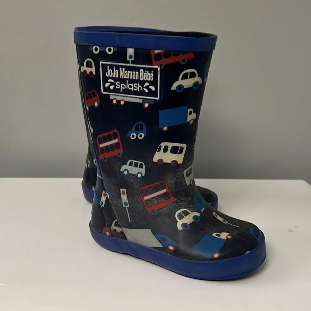 Jojo Maman Bebe Splash Kids' Black Blue Cars Rubber Rain Boots Size 5